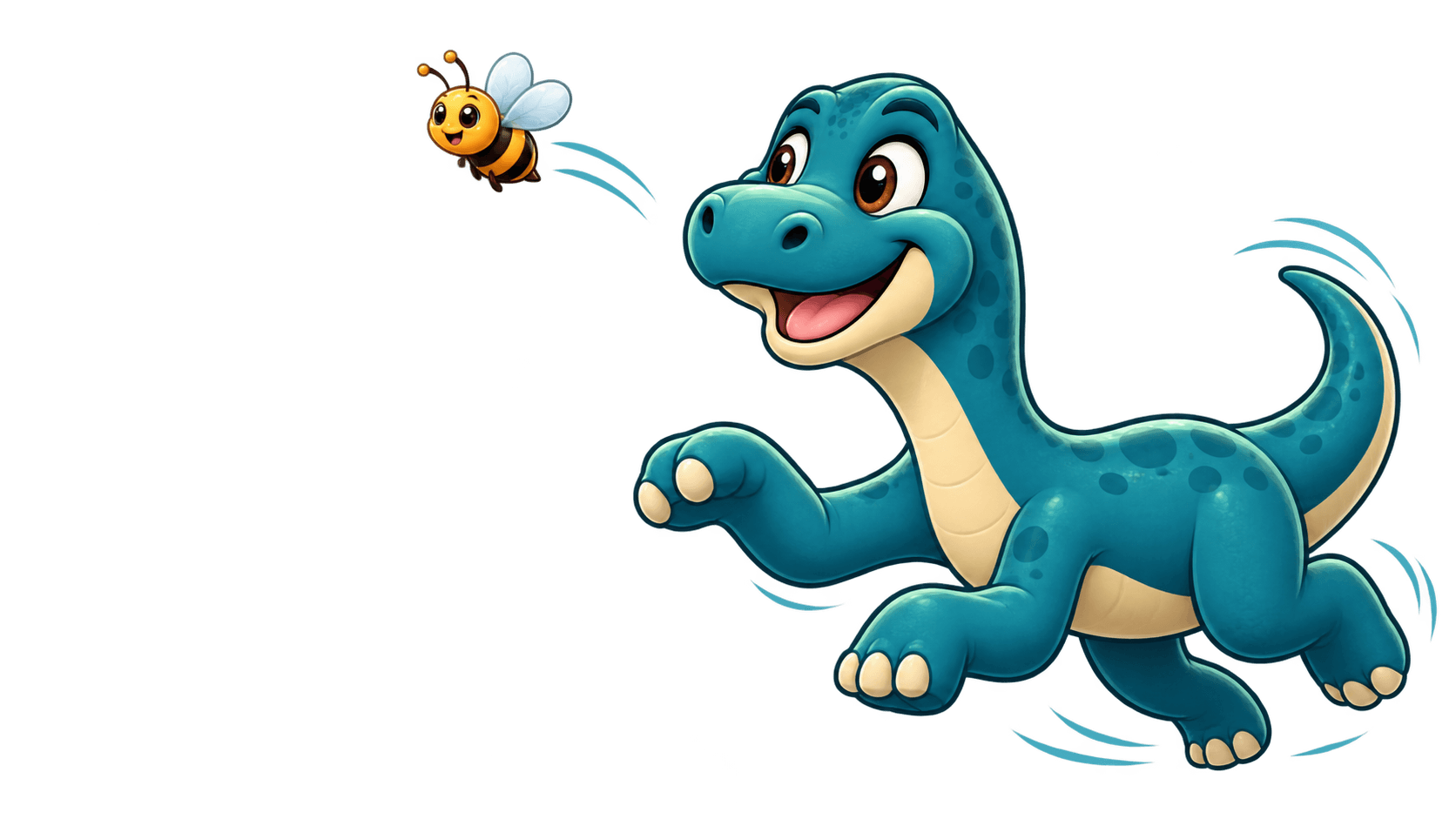 Dino Props mascot playfully chasing a bee